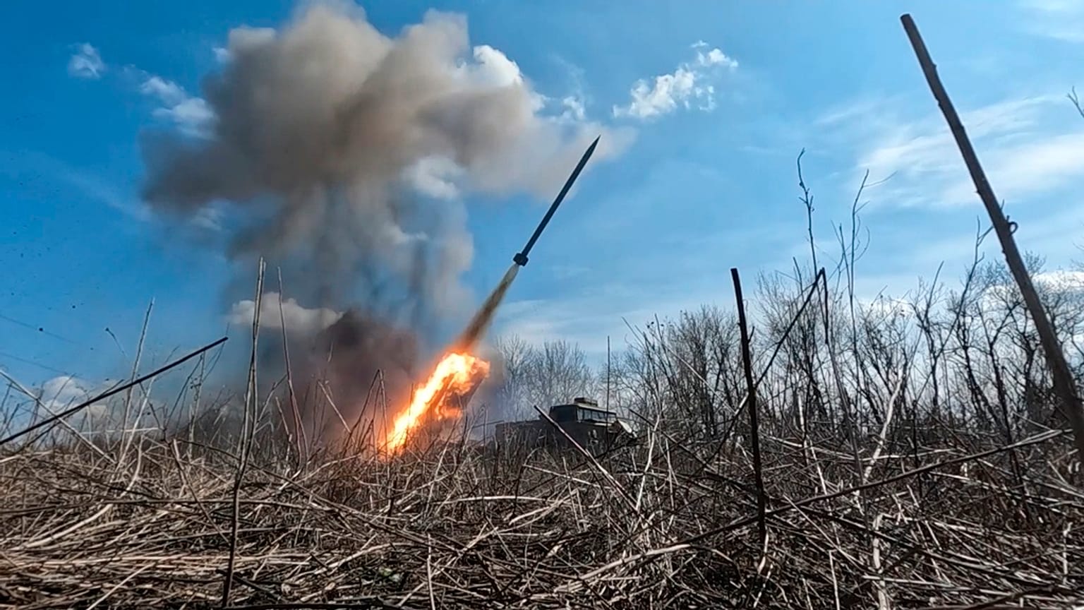 Photo of missile taken from video released by Russian Defence Ministry Press Service on Saturday, March 30, 2024.