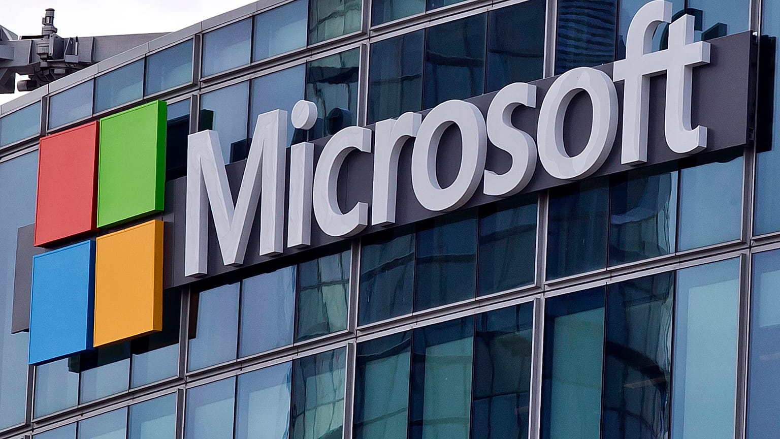The Microsoft logo is seen in Issy-les-Moulineaux, outside Paris, France.