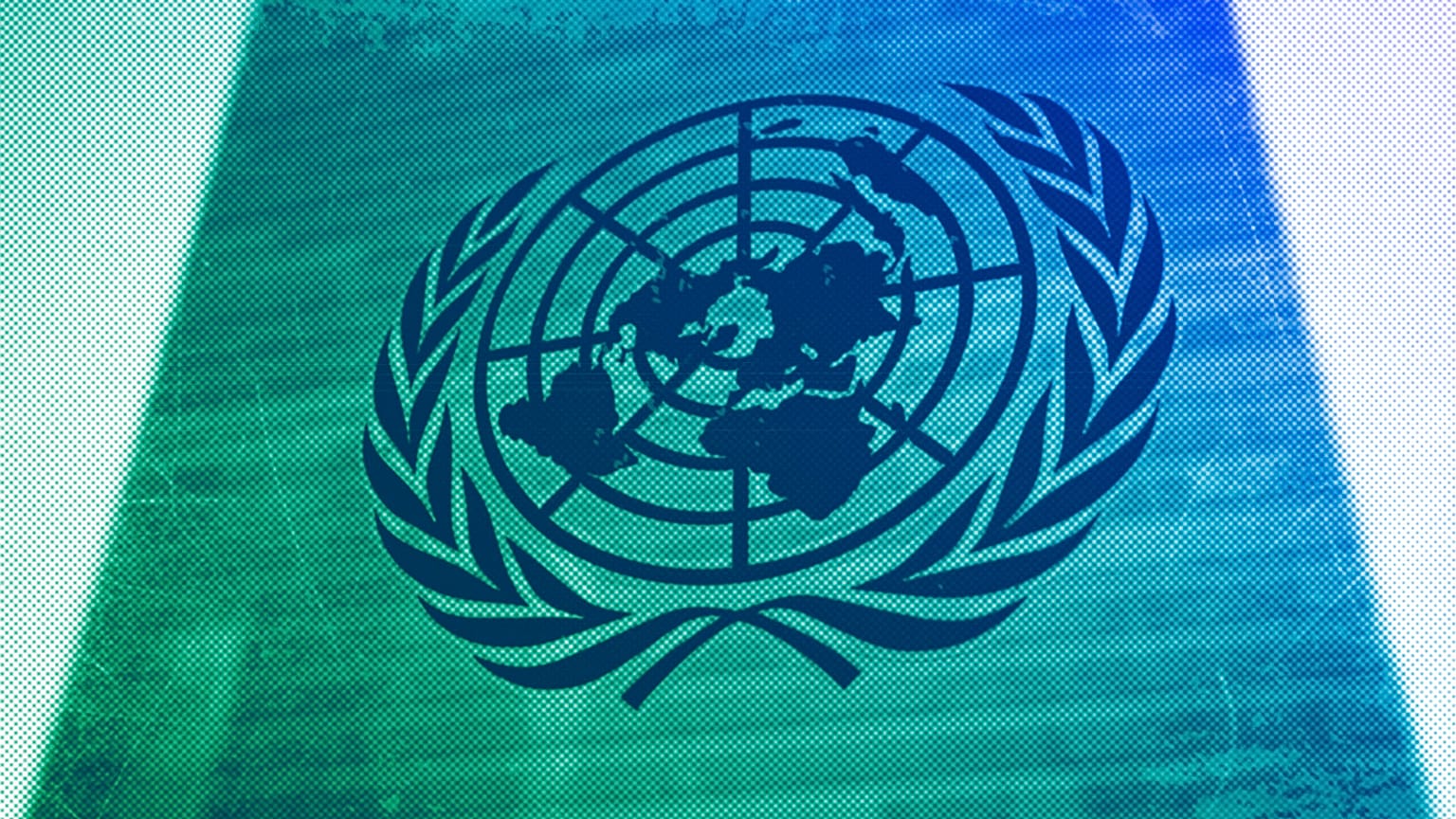 The symbol of the United Nations is displayed outside the Secretariat Building during an emergency meeting of the UN General Assembly, February 2022