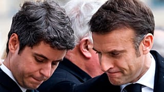 French President Emmanuel Macron, right, and Prime Minister Gabriel Attal attend a ceremony for former French justice minister Robert Badinter. Feb 14, 2024.