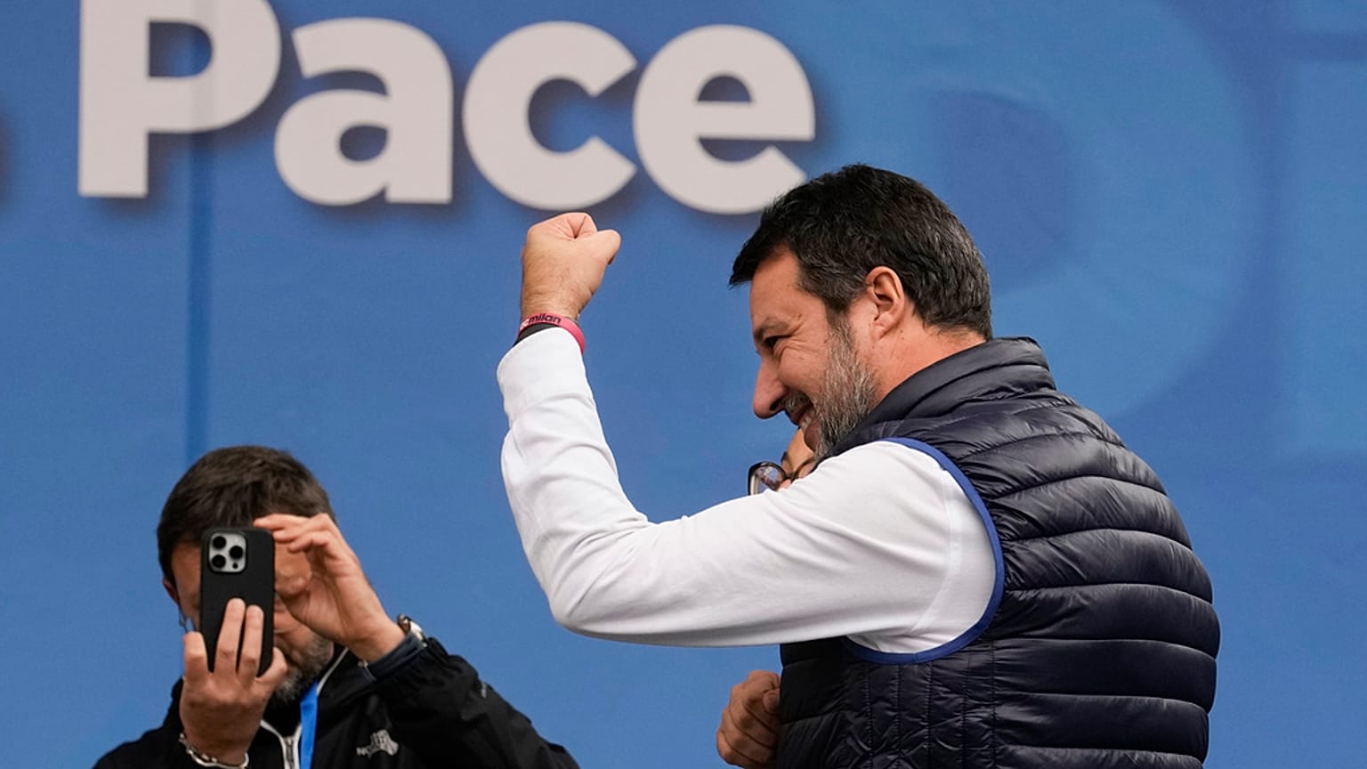 Italian Infrastructure Minister and leader of the Northern League party Matteo Salvini attends a rally pro West and against fundamentalism, in Milan, Italy.