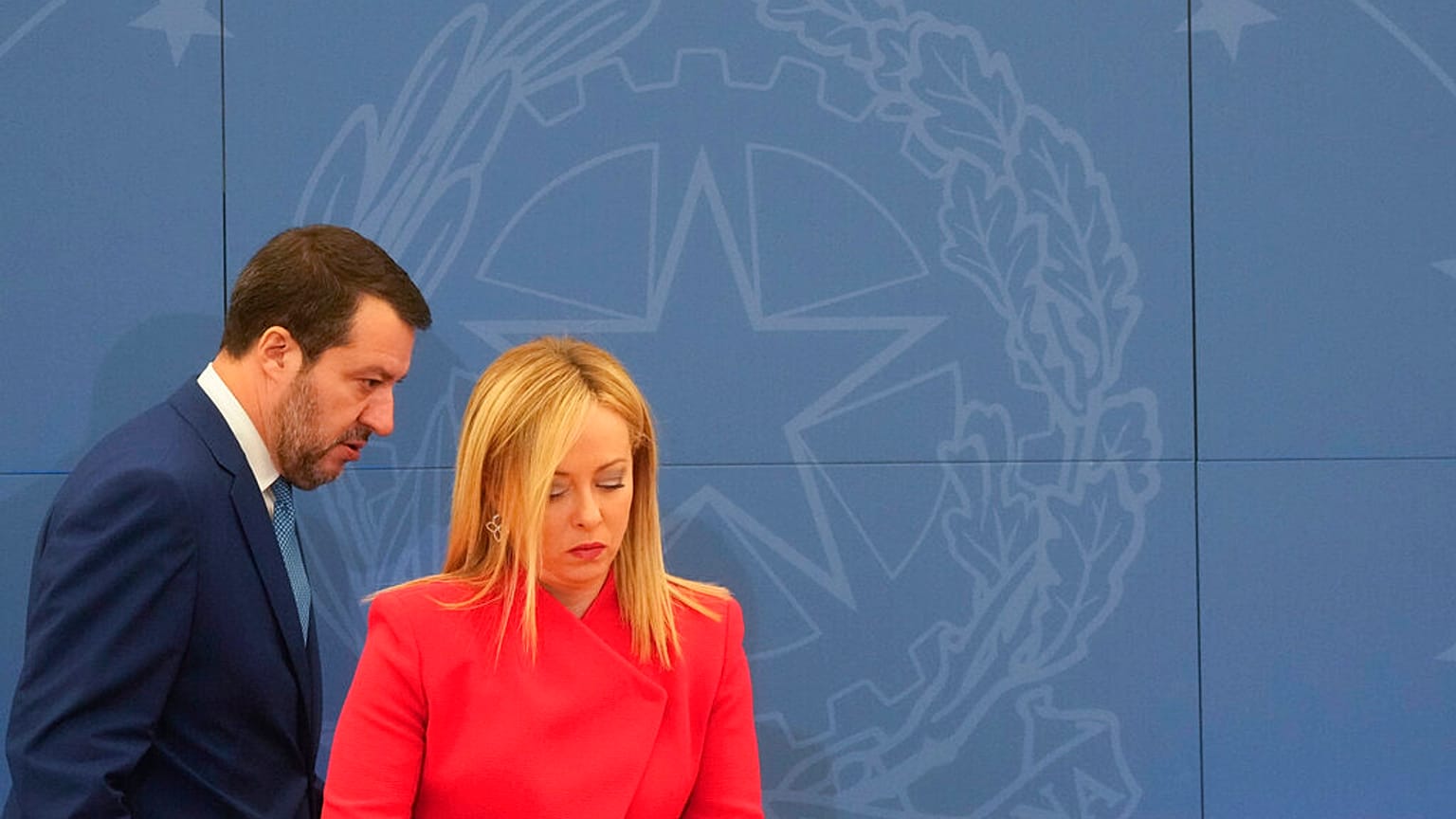 Matteo Salvini, vice-premier ministre italien accompagné de Giorgian Meloni, premier ministre italien.