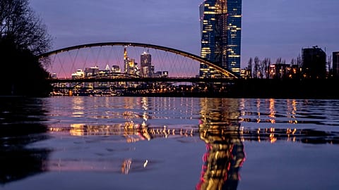 The European Central Bank is reflected in the river Main in Frankfurt, Germany, Thursday, March 21, 2024.