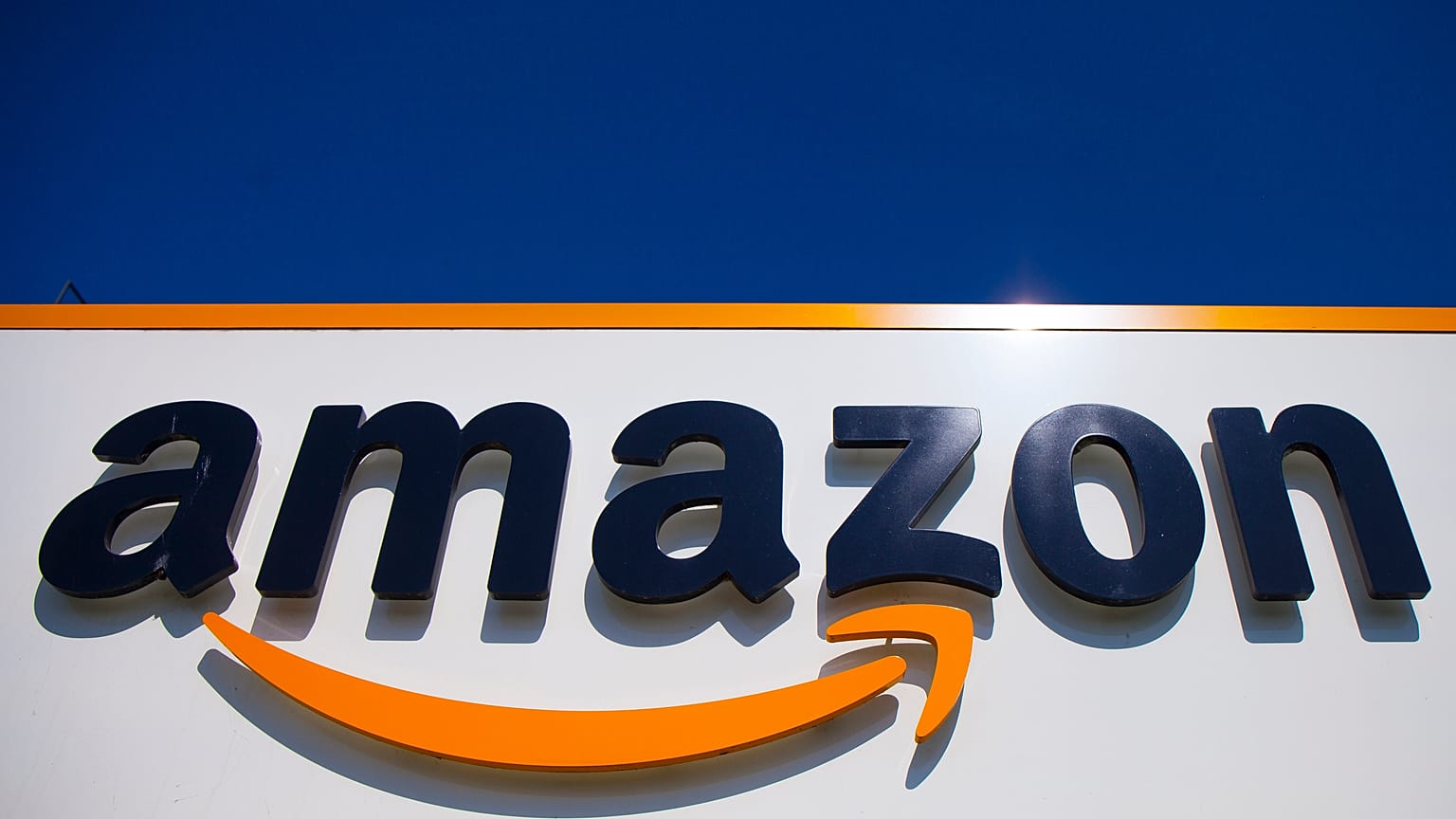 The Amazon logo in Douai, northern France, Thursday, April 16, 2020. 
