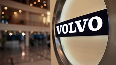 This Feb. 6, 2020, file photo shows the Volvo logo in the lobby of the Volvo corporate headquarters in Brussels.