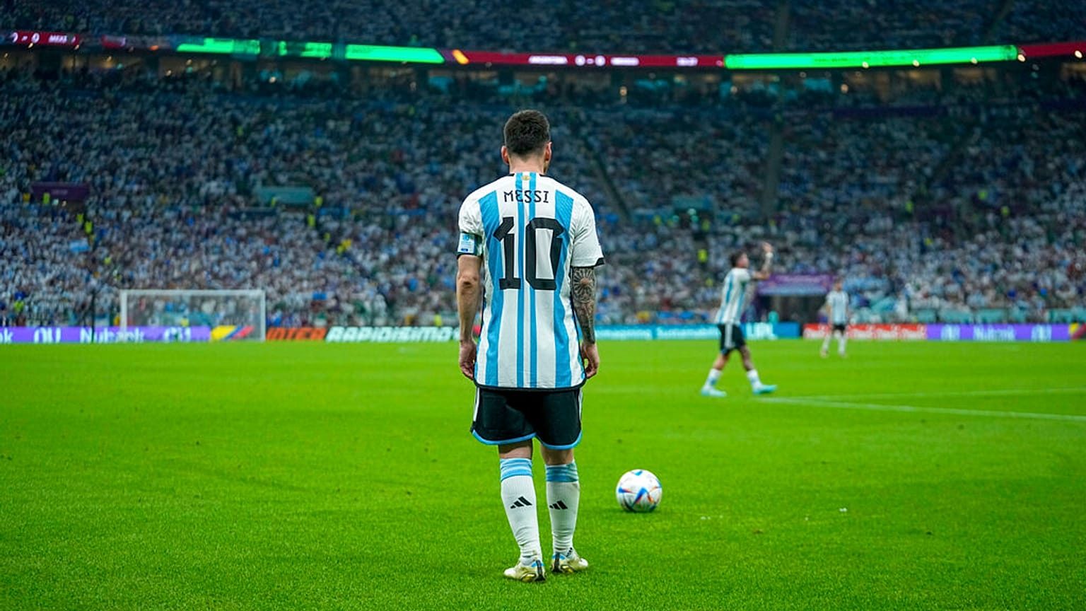 FILE - Argentina's Lionel Messi prepares to kick the ball during the World Cup group C football between Argentina and Mexico, 26/11/22. match 