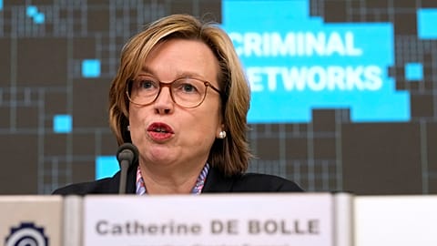 Europol Executive-Director Catherine De Bolle, addresses a media conference at the Residence Palace in Brussels, Friday, April 5, 2024. 