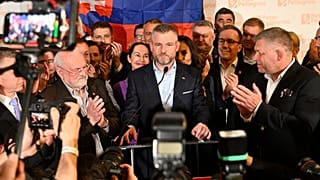 Presidential candidate Peter Pellegrini, centre, addresses supporters at his headquarters after a presidential runoff in Bratislava, Slovakia, early Sunday, April 7, 2024.