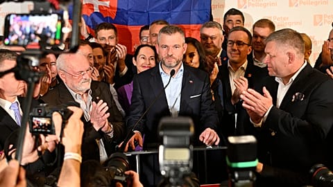 Presidential candidate Peter Pellegrini, centre, addresses supporters at his headquarters after a presidential runoff in Bratislava, Slovakia, early Sunday, April 7, 2024.