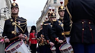 British soldiers and Republican Guards arrive at the Elysee Palace, Monday, April 8, 2024