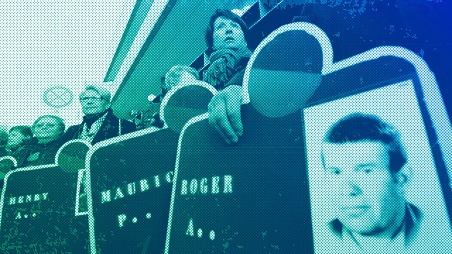 Relatives of victims show photos of their deceased loved ones during a case for asbestos plant's negligence outside a court in Turin, December 2009