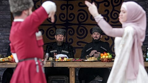 Chechnya reportedly bans music that is too fast or too slow - pictured here: Chechen regional leader Ramzan Kadyrov enjoying traditional dance