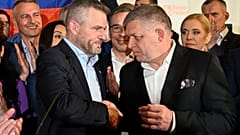 Peter Pellegrini megválasztott szlovák államfő és Robert Fico miniszterelnök a pozsonyi Aušpic étteremben 2024. április 6-án