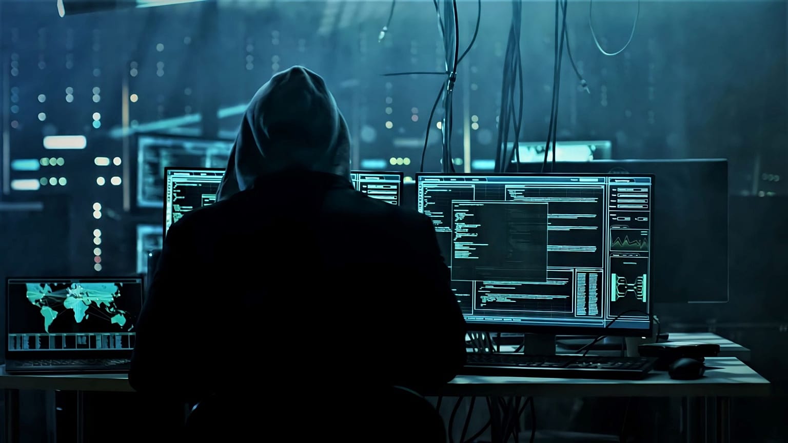 Ilustración de un hombre utilizando la web oscura