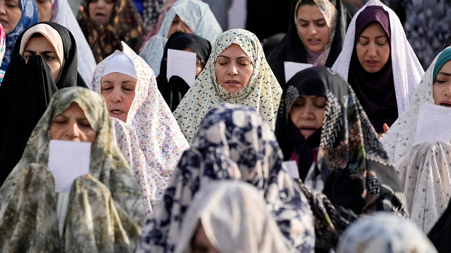 Iranian worshippers perform Eid al-Fitr prayer, marking the end of the Muslims holy fasting month of Ramadan in Tehran, Iran, Wednesday, April 10, 2024.