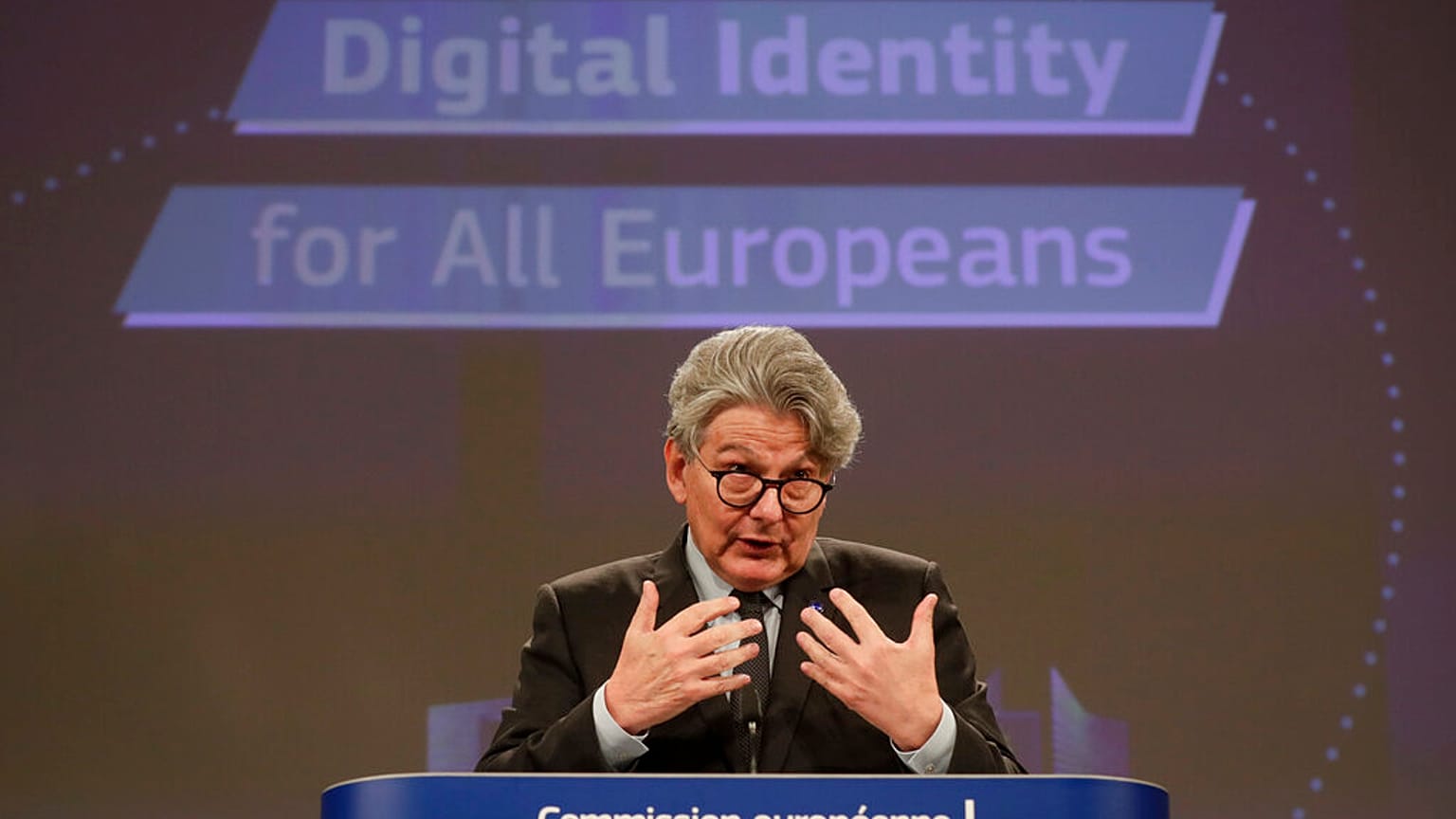 European Commissioner for Internal Market Thierry Breton speaks during a media conference at EU headquarters in Brussels, Thursday, June 3, 2021.