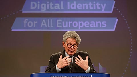 European Commissioner for Internal Market Thierry Breton speaks during a media conference at EU headquarters in Brussels, Thursday, June 3, 2021.