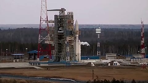 In this photo taken from video released by Roscosmos space corporation on Wednesday, April 10, 2024 an Angara-A5 rocket is seen prior to the launch at Vostochny space facility