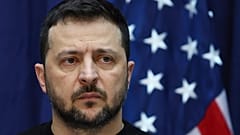 Ukrainian President Volodymyr Zelenskyy attends a press conference with U.S. Vice President Kamala Harris at the Munich Security Conference at the Bayerischer Hof Hotel in Mun