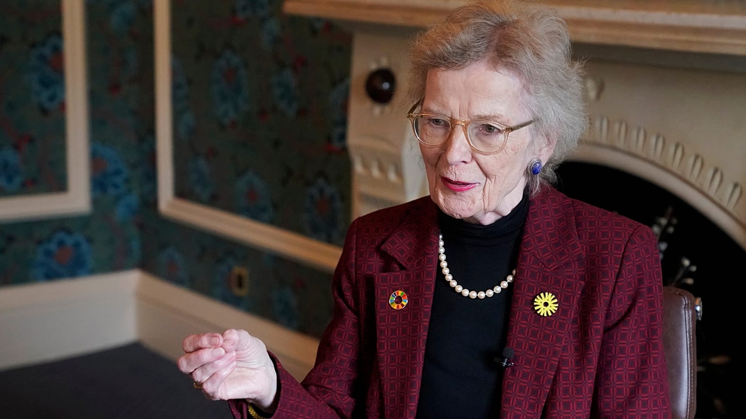 Former Ireland President Mary Robinson speaks during an interview with The Associated Press in Oxford.