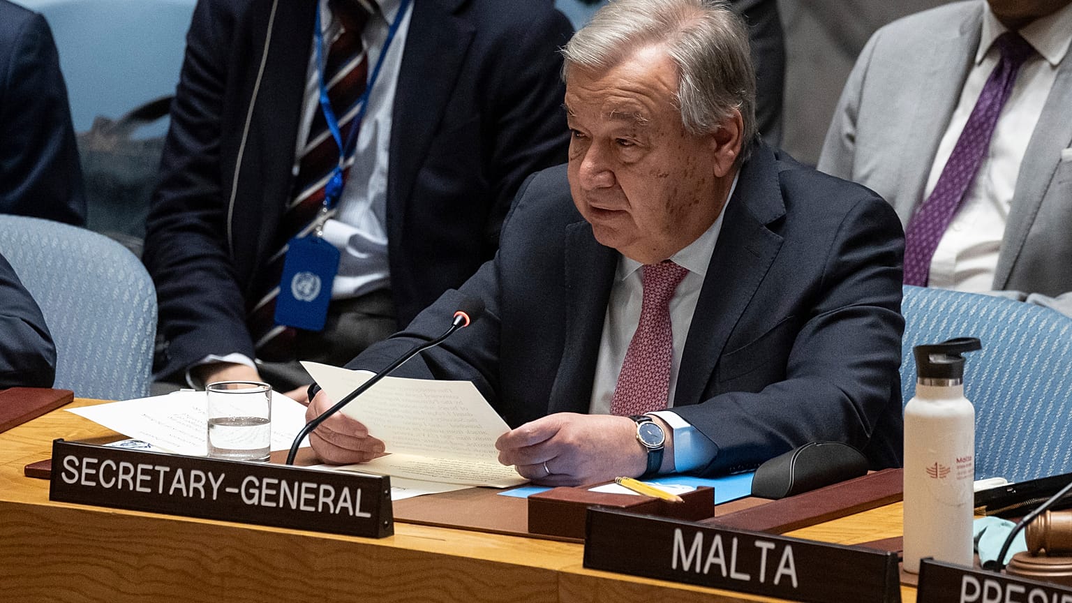 Антониу Гутерриш на заседании Совета Безопасности ООН, 14 апреля 2024.