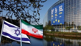 پارلمان اروپا در استراسبورگ/پرچم‌های ایران و اسرائیل