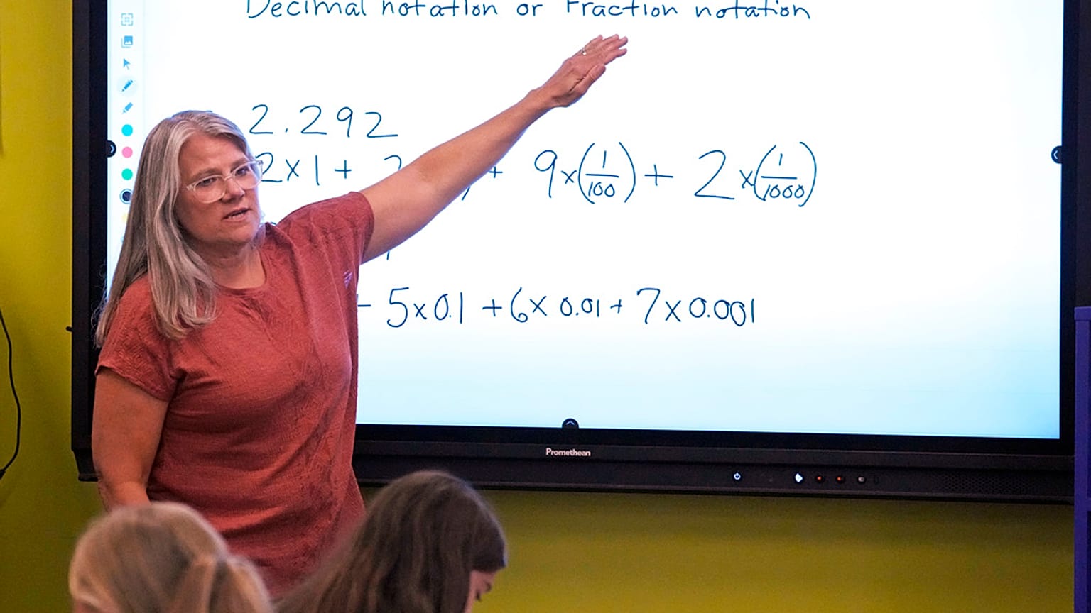 Math teacher Margie Howells teaches a fifth grade class at Wheeling Country Day School in Wheeling, W.Va., on Sept. 5, 2023.