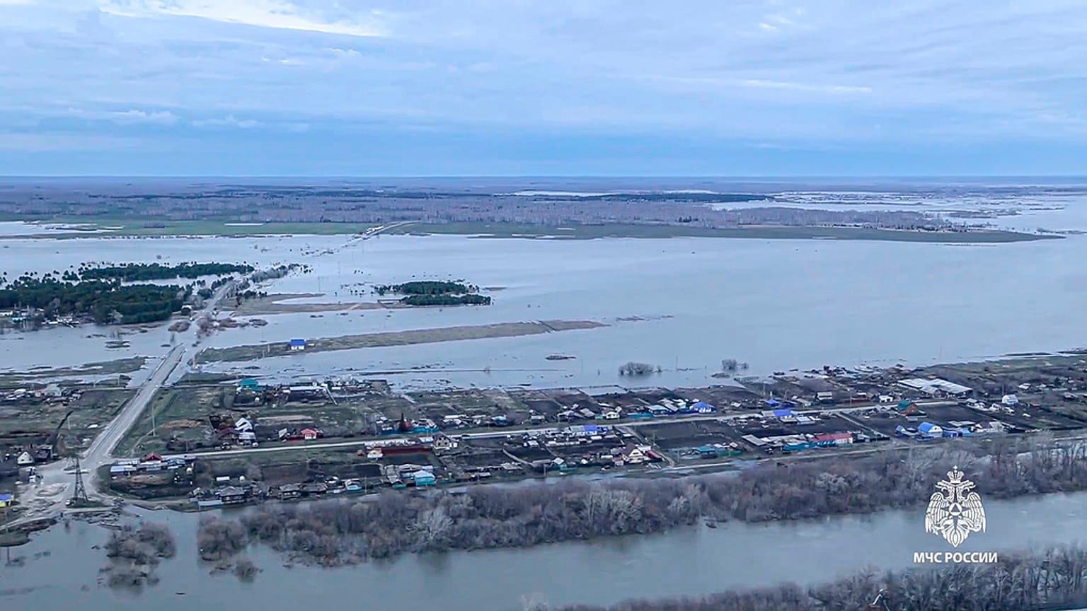 Grab taken from video released by the Russian Emergency Ministry Press Service on Tuesday, April 16, 2024, shows flooded area at Tobol river in the Kurgan region, Russia. 