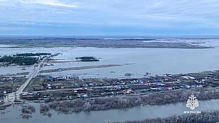 Grab taken from video released by the Russian Emergency Ministry Press Service on Tuesday, April 16, 2024, shows flooded area at Tobol river in the Kurgan region, Russia.