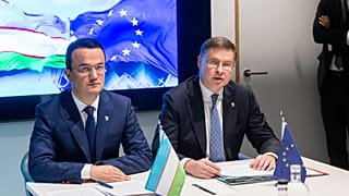 EU trade commissioner Valdis Dombrovskis and Uzbek trade minister Laziz Kudratov launch a strategic partnership on critical raw materials during EU-US trade talks this month