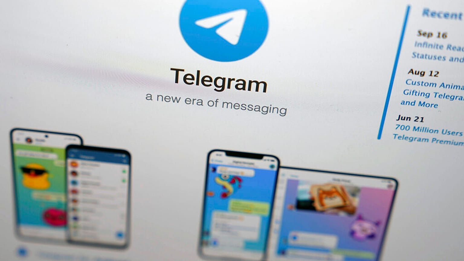 The website of the Telegram messaging app is seen on a notebook screen in 2022.