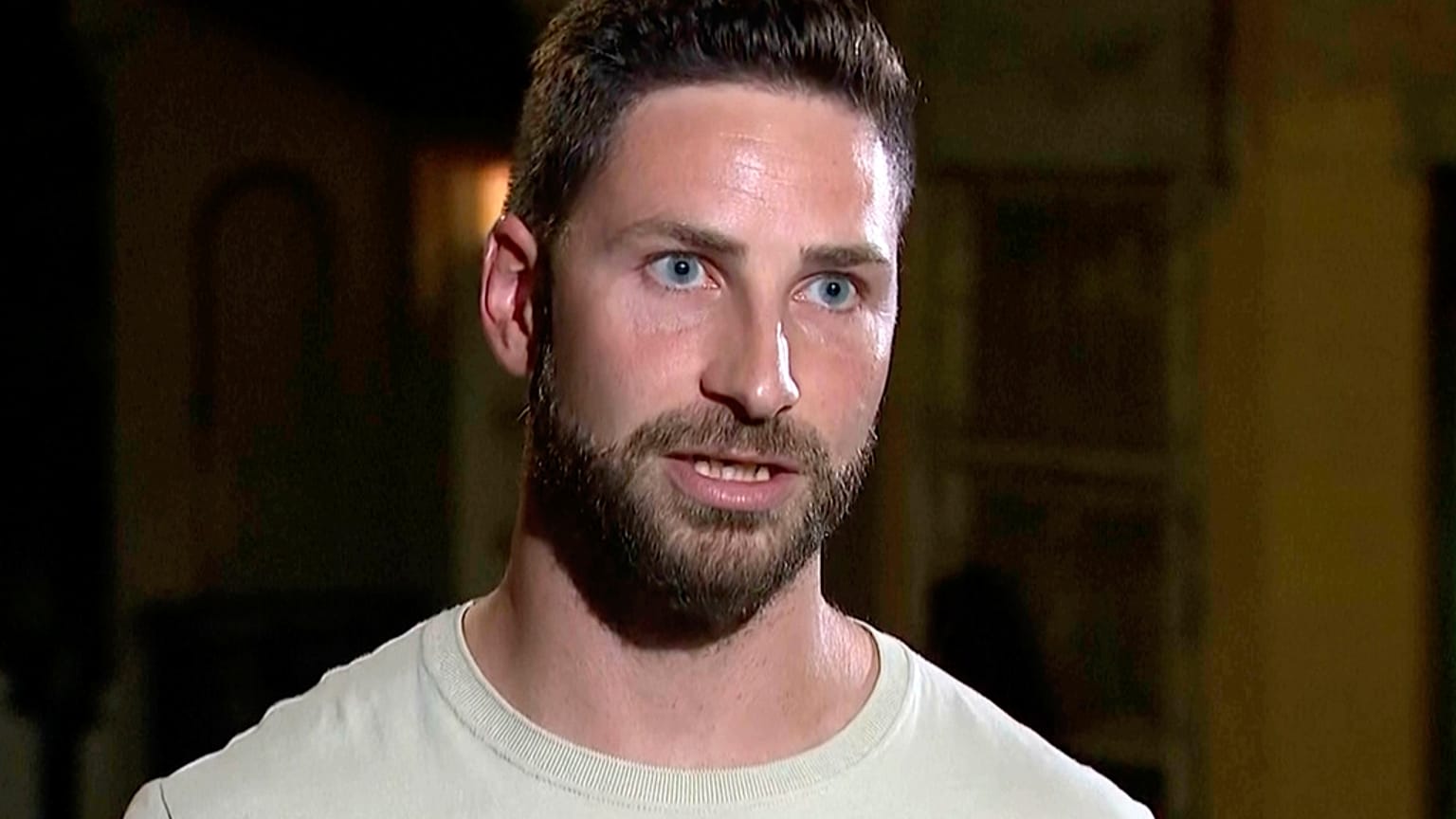 French construction worker, Damien Guerot is interviewed on television following the Bondi Junction stabbing attacks Sunday, April 14, 2024.
