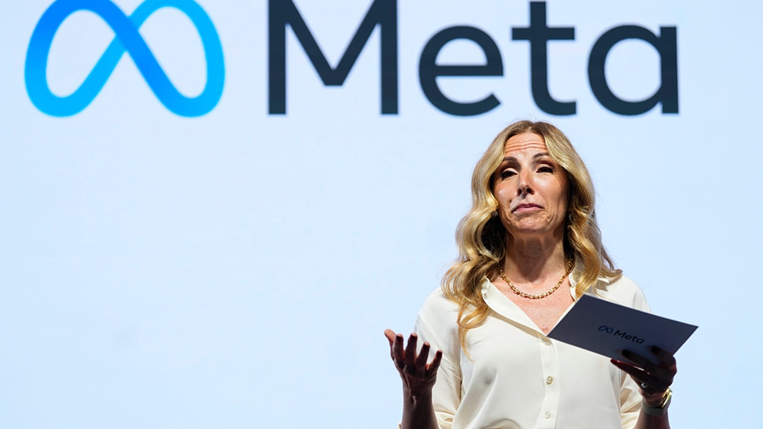 Derya Matras, Vice President Northern Europe, Middle East and Africa speaks at the at the Meta AI Day in London, Tuesday, April 9, 2024. 