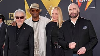 Harvey Keitel, Samuel L. Jackson, Uma Thurman, and John Travolta, stars of "Pulp Fiction," pose at the film's 30th anniversary screening during the TCM Classic Film Festival