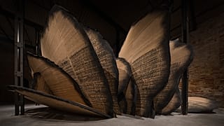Manal AlDowayan, Shifting Sands: A Battle Song, 2024. Multimedia installation, Tussar silk, ink, acrylic paint. Dimensions variable. Sound, multichannel, 30’48”.