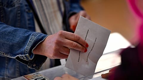 A Basque citizen votes in the polling station of Otxandio, northern Spain, on Sunday, April 21, 2024 (AP Photo/Alvaro Barrientos) 