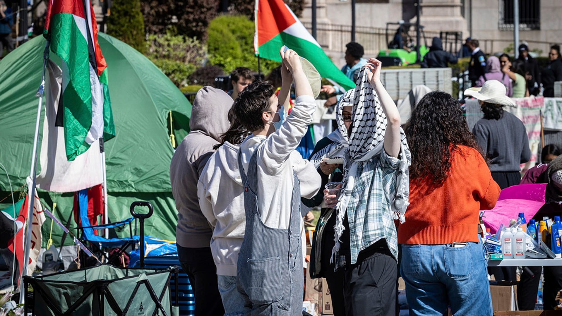 Student protesters at pro-Palestinian demonstration at Columbia University campus in New York, Monday, April 22, 2024. (AP Photo/Stefan Jeremia