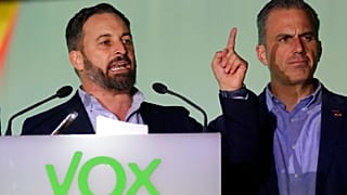 Santiago Abascal, leader of far-right Vox Party, addresses supporters outside the party headquarters after the announcement of the general election first results, in Madrid.