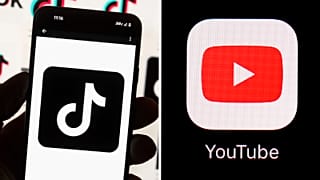 FILE - TikTok logo on a phone (left); YouTube app (right).