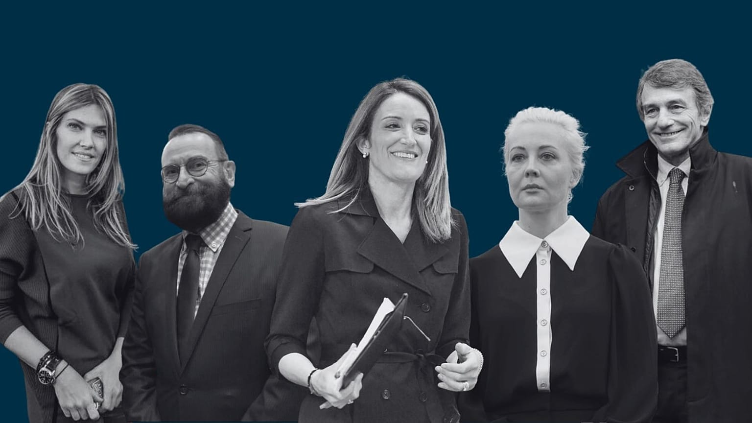 De gauche à droite : Eva Kaili, József Szájer, Roberta Metsola, Yulia Navalnaya et David Sassoli.