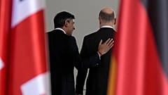 Britain's Prime Minister Rishi Sunak, left, and German Chancellor Olaf Scholz attend a press conference in Berlin, Germany