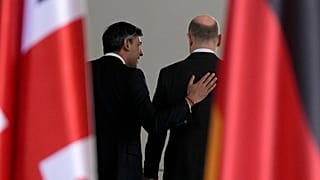 Britain's Prime Minister Rishi Sunak, left, and German Chancellor Olaf Scholz attend a press conference in Berlin, Germany
