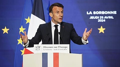 French President Emmanuel Macron delivers a speech on Europe in the amphitheatre of the Sorbonne University, Thursday