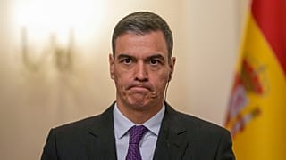 Spanish Prime Minister Pedro Sanchez grimaces during a press conference after meeting with Slovenia's Prime Minister Robert Golob, Tuesday, April 16, 2024.