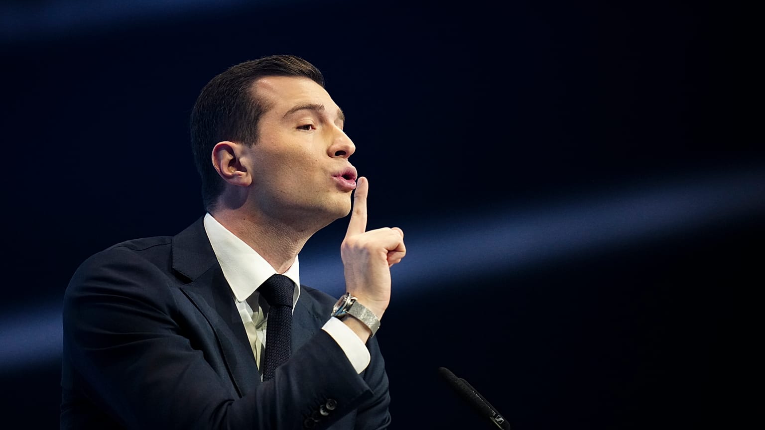 French Far-right party National Rally president Jordan Bardella delivers a speech at a meeting, in Marseille, southern France, Sunday, March 3, 2024.