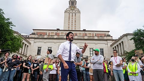 Greg Casar, Congressman for Texas Congressional District 35, addressed UT-Austin professors, students, and supporters outside the Main Building on Thursday, April 25, 2024.