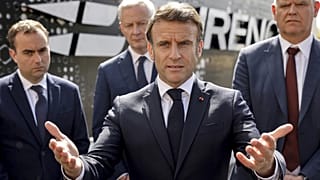 France's President Emmanuel Macron with Finance Minister Bruno Le Maire, Defense Minister Sebastien Lecornu, and Eurenco CEO Thierry Francoun. April 11, 2024.