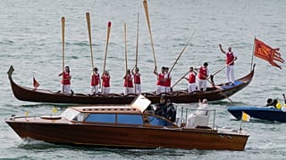 Pope Francis is greeted by Gondoliers upon his arrival in Venice, Italy