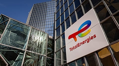 The logo of TotalEnergies is seen at the company's headquarters skyscraper in the La Defense business district in Courbevoie near Paris, France, Wednesday, March 1, 2023.