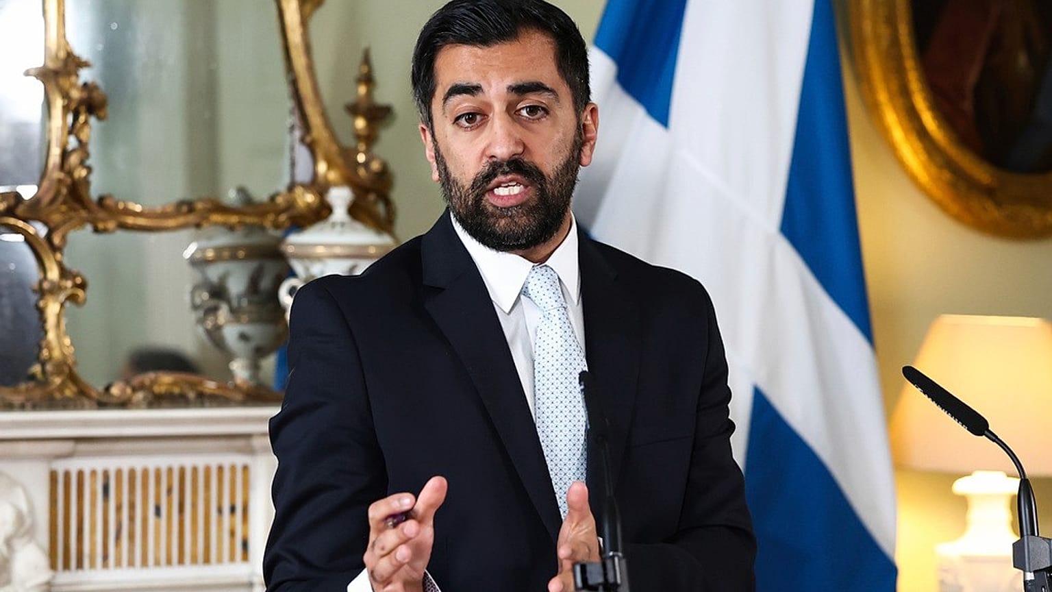 Scotland's First Minister Humza Yousaf speaks during a press conference at Bute House, Edinburgh, April 25, 2024.